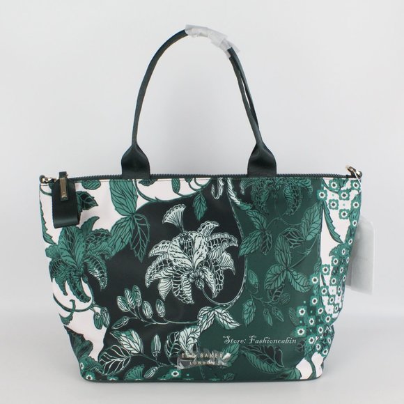NWT Ted Baker Rococo Nylon Tote Bag, Turquoise, Flowers, Top Zip Closure - Picture 2 of 11